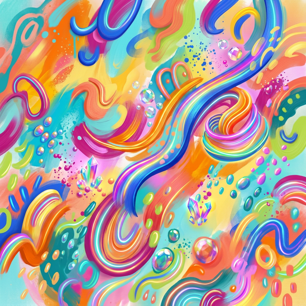 Abstract painting with bright swirls and splashes of pink, orange, blue, green, and yellow colors